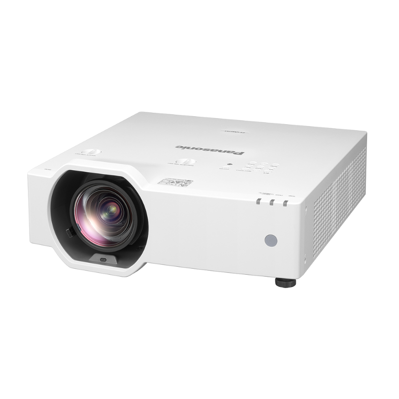 Panasonic PT-VMZ7STU7 7000-Lumen WUXGA Short Throw Golf Simulator Projector slight left overhead view.