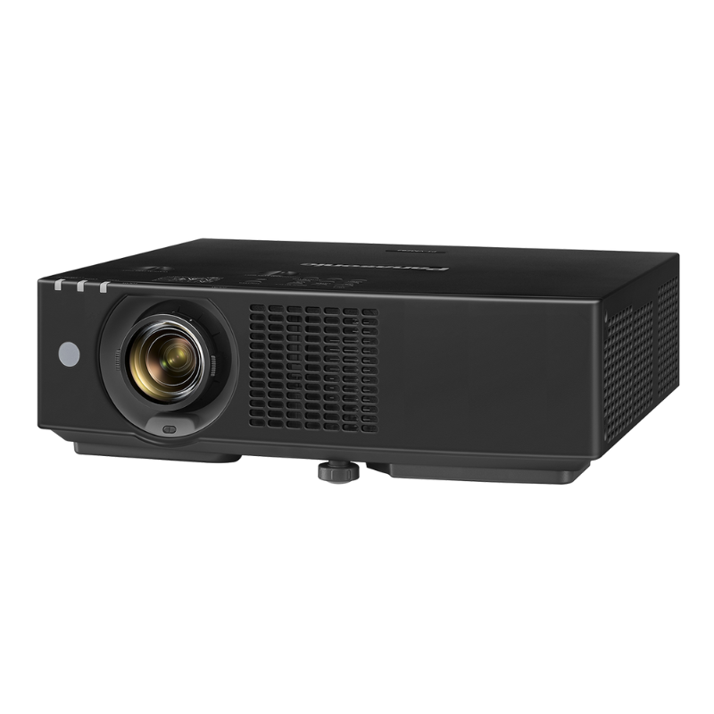 Panasonic PT-VMZ82BU7 8000-Lumen WUXGA Normal Throw Golf Simulator Projector left angled view.