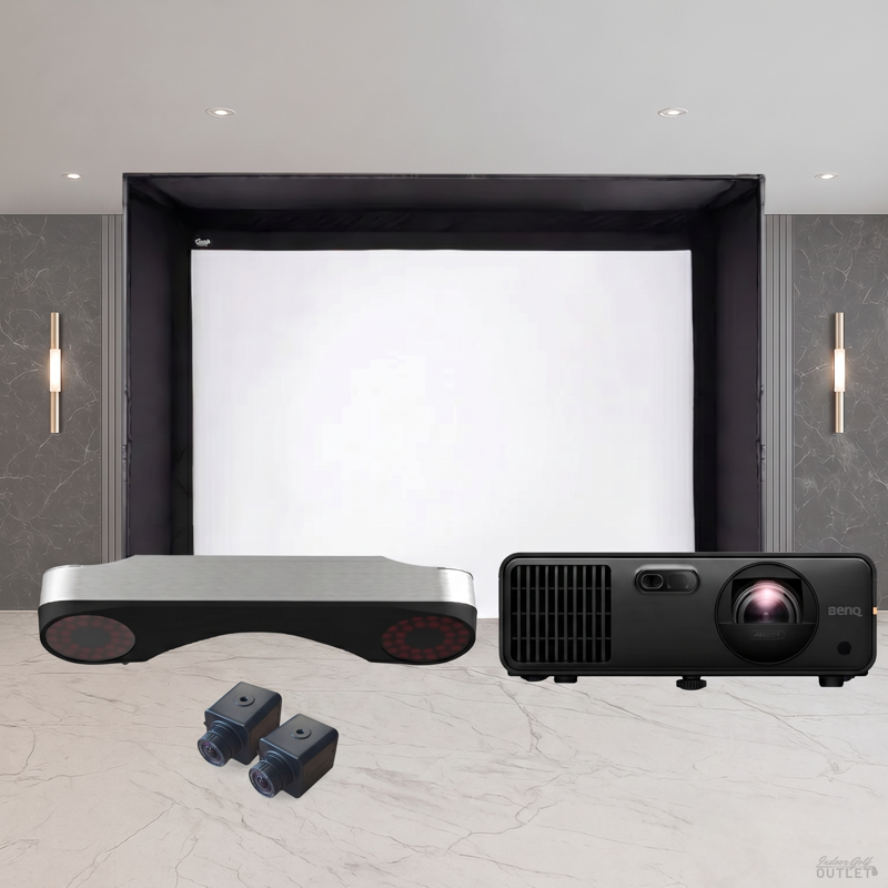 ProTee United VX Carl's Place DIY Golf Simulator Enclosure Projector Package, shown with the two ProTee VX swing cameras.