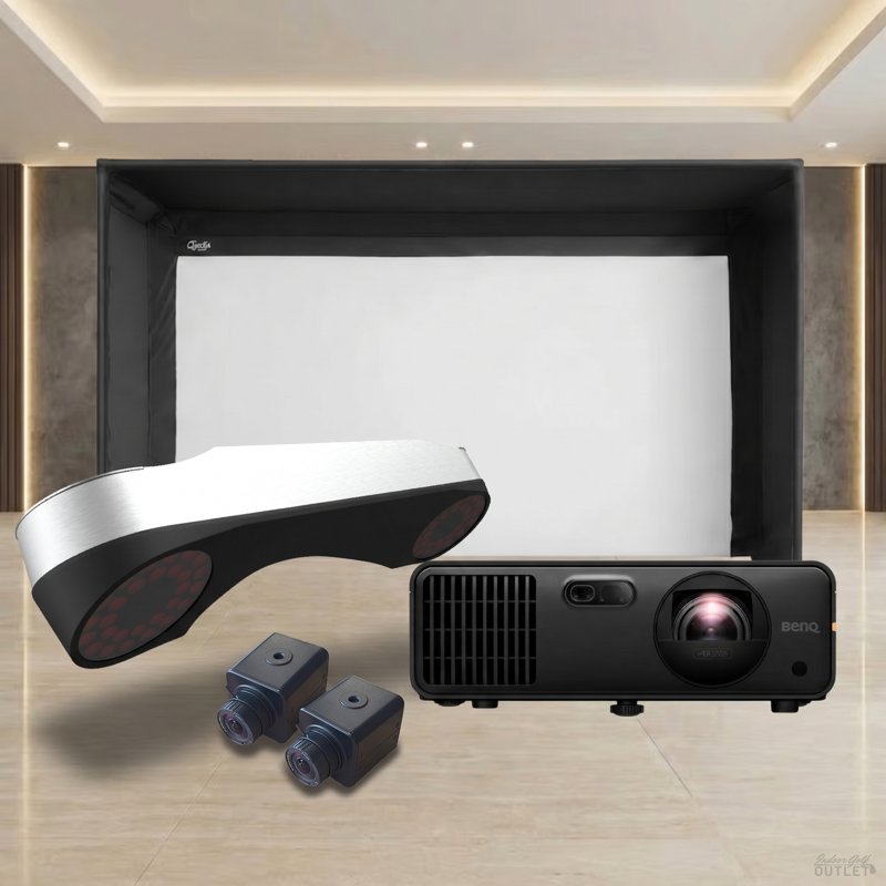 ProTee United VX Launch Monitor Carl's Place Pro Golf Simulator Enclosure Projector Package — shown with the two ProTee VX swing cameras.