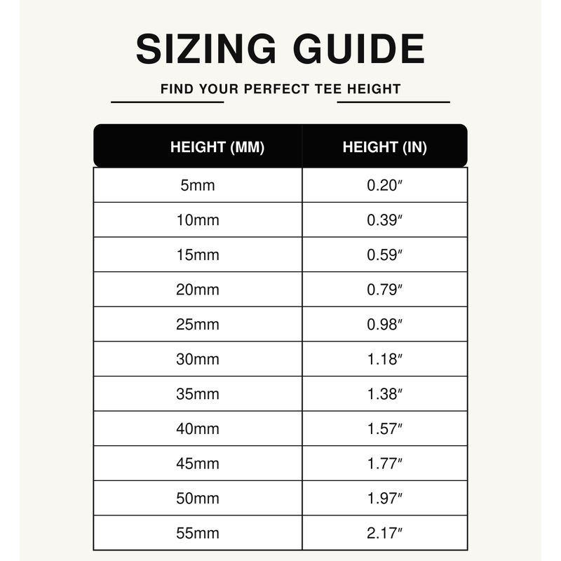 RadTee SoftFlex Classic Golf Tees 10-Pack tee height sizing guide from 5 mm to 55 mm.