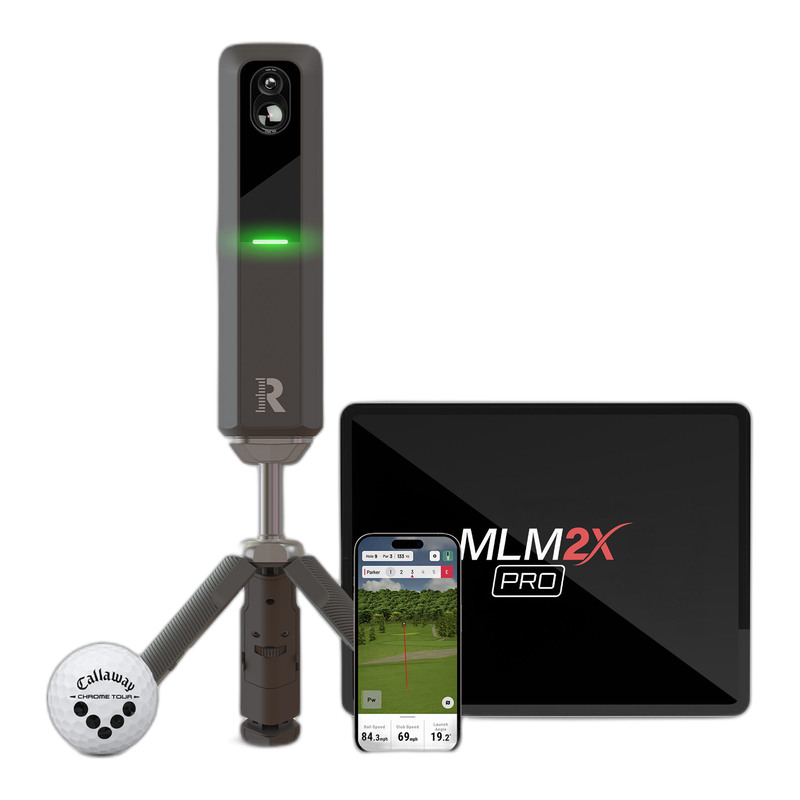 Rapsodo MLM2XPRO Launch Monitor & Golf Simulator with tripod, Callaway Chrome Tour RPT golf ball and the Rapsodo Golf app.