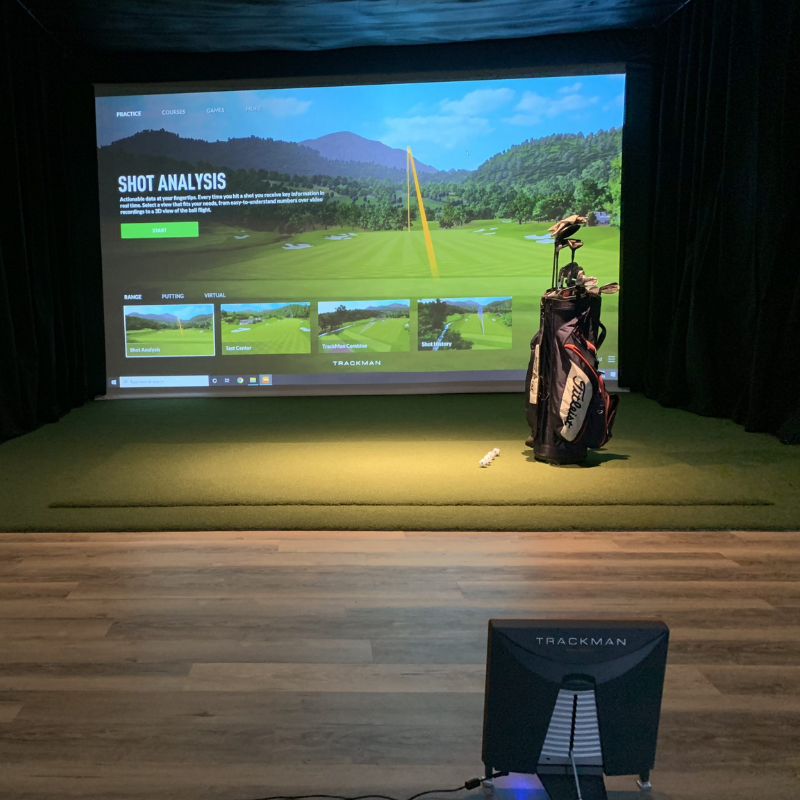 Real Feel Country Club Elite Golf Mat 5x8 foot located inside a golf simulator.