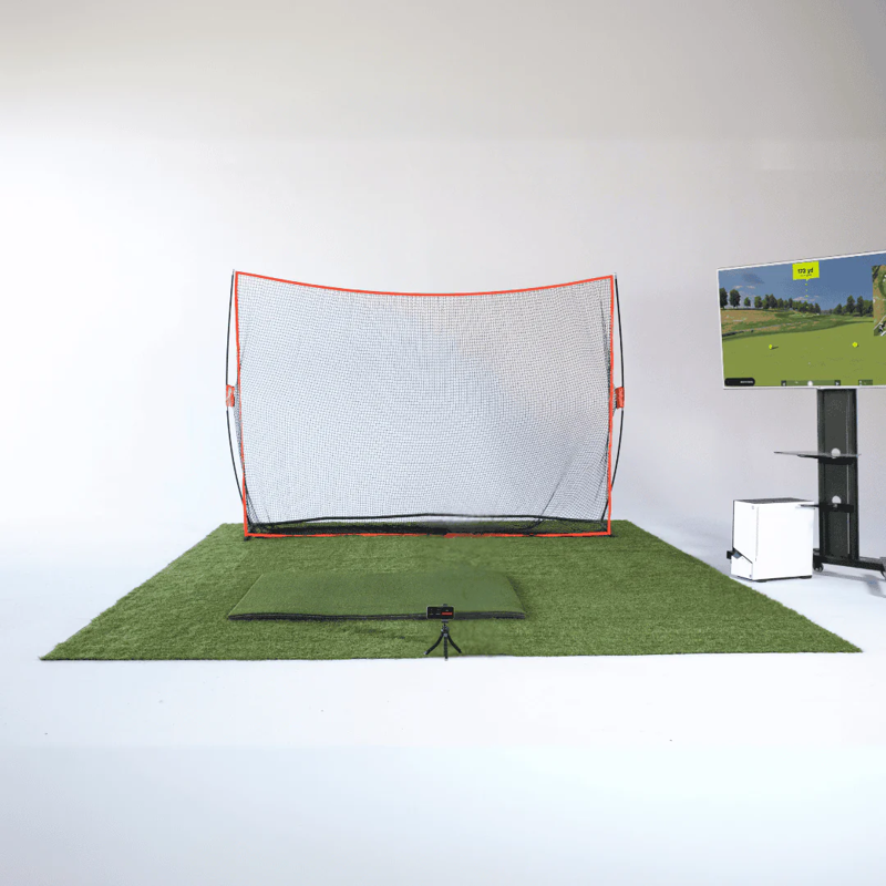 Red Stakes Golf Mobile Golf Starter Bundle golf net and monitor front view studio setup.