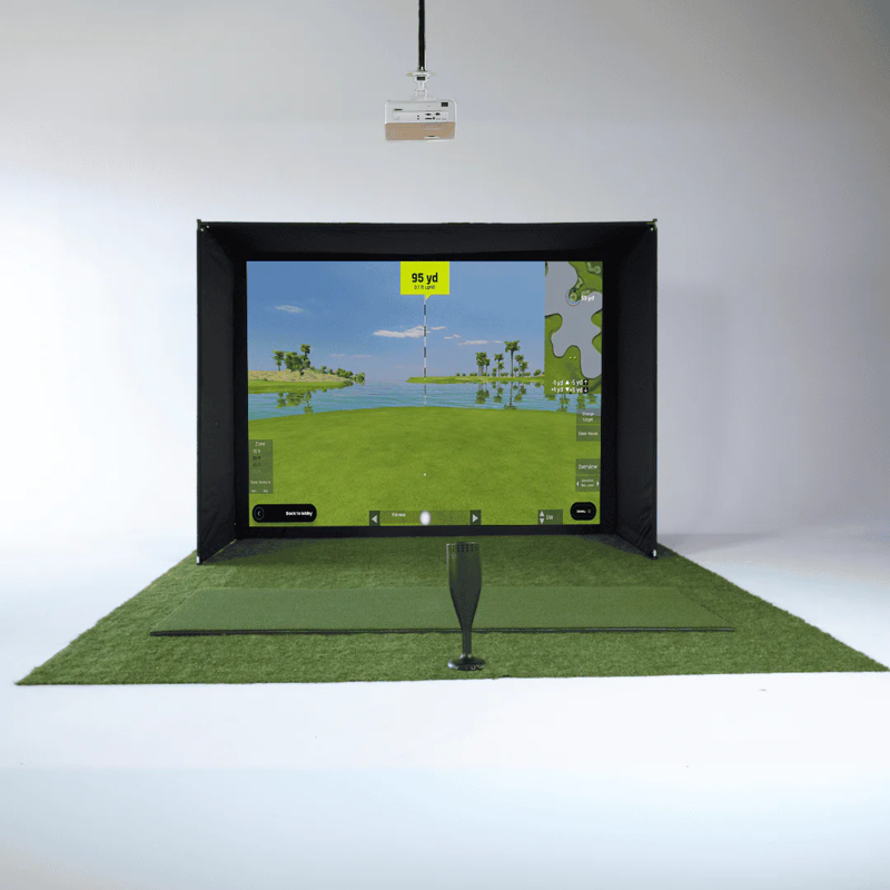 Red Stakes Golf One Golf Studio Bundle full studio setup with simulator projector sensor.