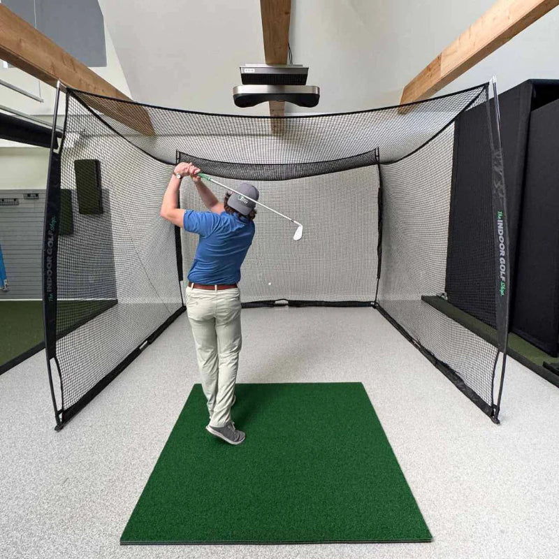 SIG 10' x 8' x 10' Square Golf Net man swinging.