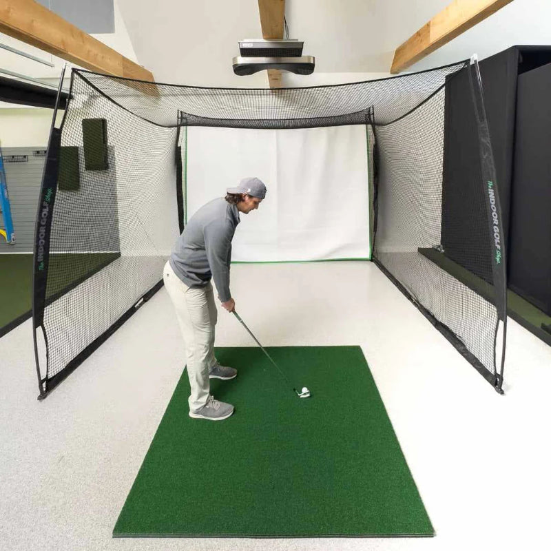 SIG 10' x 8' x 10' Square Golf Net man teeing up.