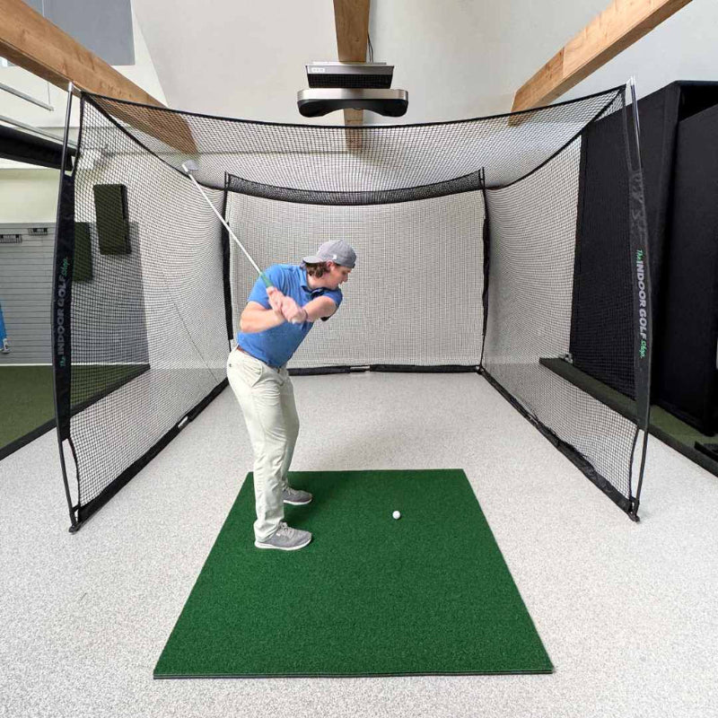 SIG 10' x 8' x 10' Square Golf Net man winding up swing.