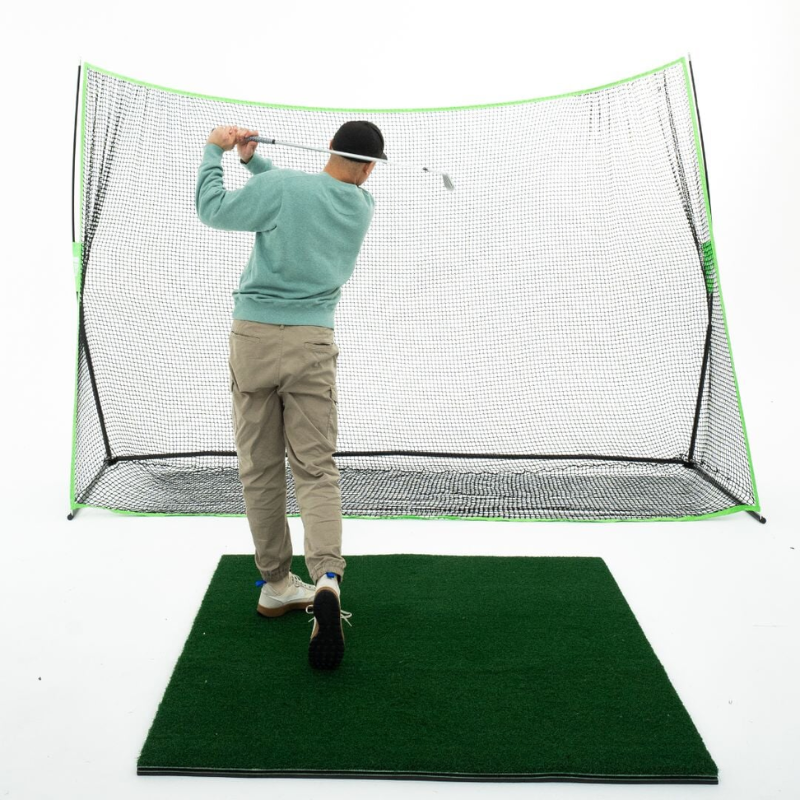 SIG 10&#39; x 7&#39; Rectangular Golf Hitting Net with golfer and mat.
