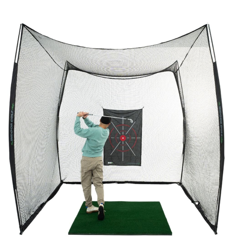 SIG 10&#39; x 10&#39; x 10&#39; Square Golf Net with golf mat and target.