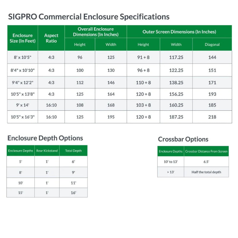 SIGPRO Commercial Enclosure specifications.