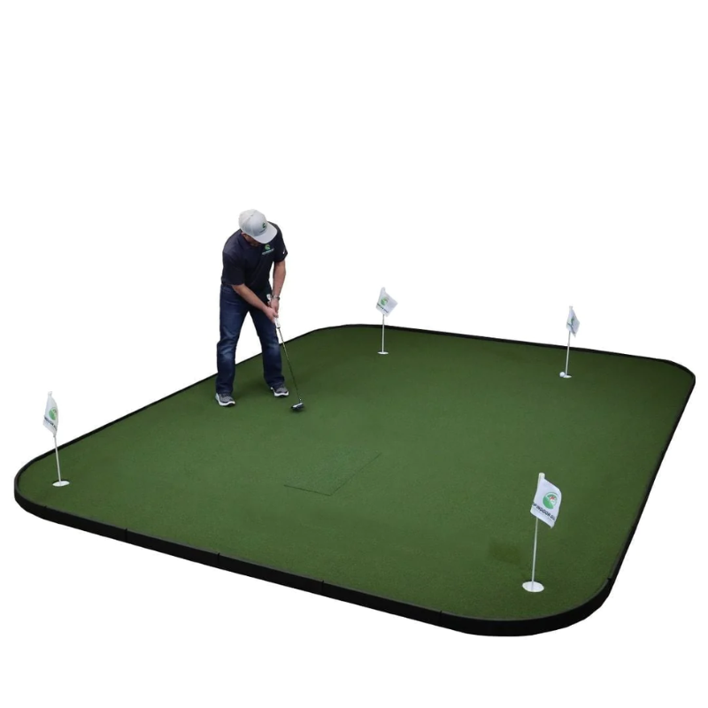 SIGPRO Golf Simulator Flooring with golfer and putting cups.
