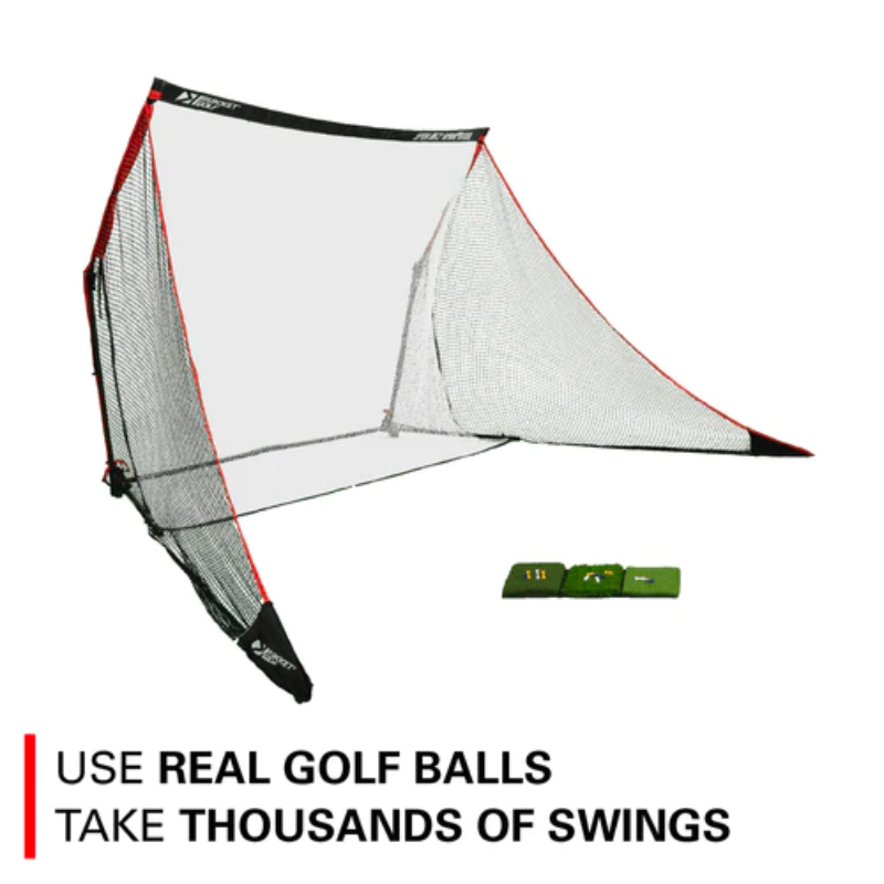Rukket Sports SPDR MK2 Portable Driving Range with SPDR STEEL™ Netting side view with thousands of swings graphic.
