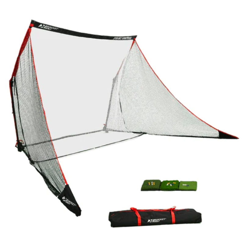 Rukket Sports SPDR MK2 Portable Driving Range with SPDR STEEL™ Netting side view with golf mat and carrying bag.