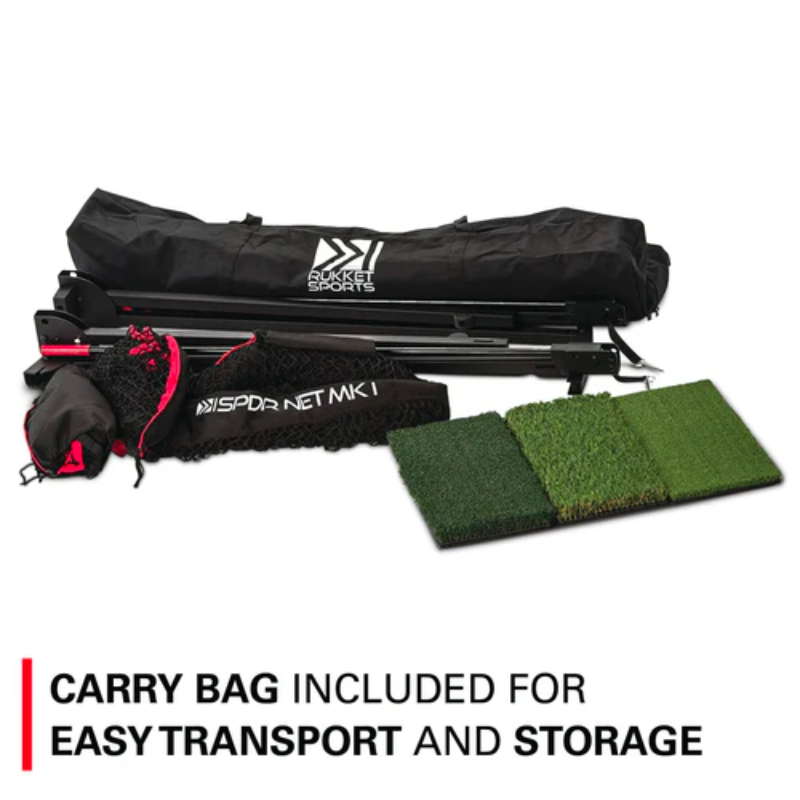 Rukket Sports SPDR Portable Driving Range with carrying bag and tri-turf mat.