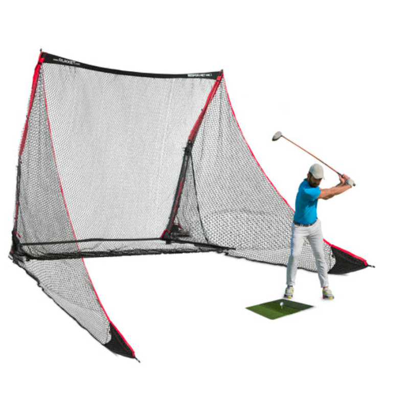 Rukket Sports SPDR Portable Driving Range side view with golfer.