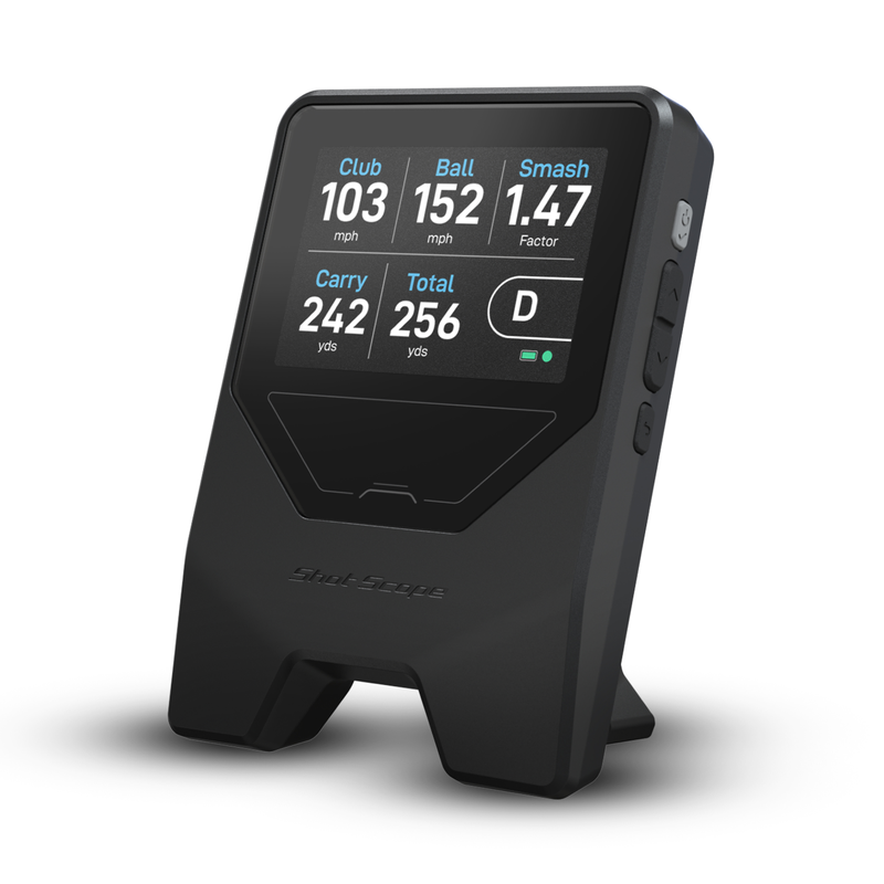 Shot Scope LM1 Launch Monitor front angled view with club ball and smash factor data.