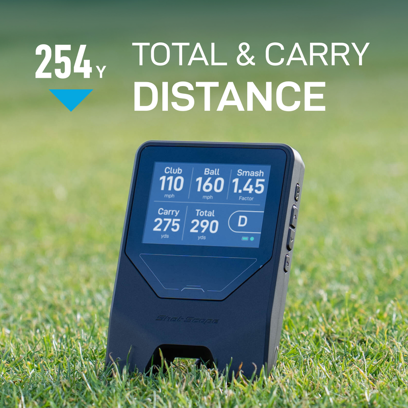 Shot Scope LM1 Launch Monitor measuring total and carry distance outdoors.