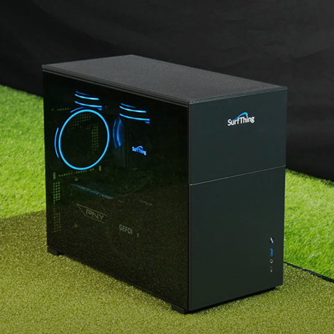 SurfThing SG3-5802 Golf Simulator Computer side view with turf in background.