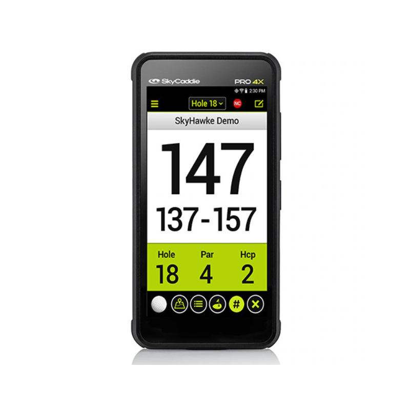 SkyCaddie Pro 4X hole 18 distance display large text on white background.
