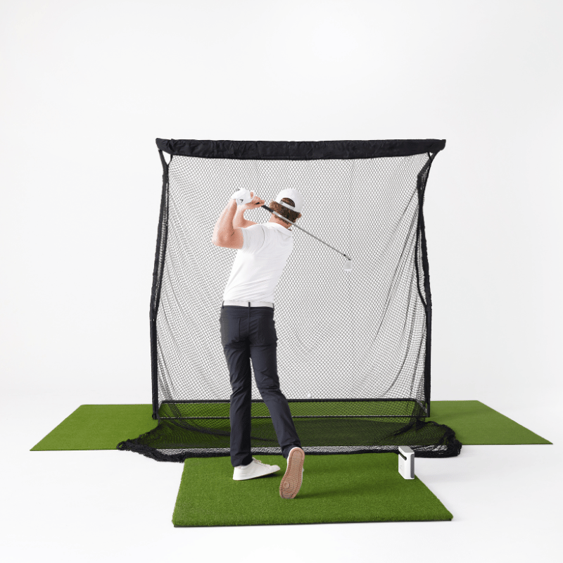 SkyTrak+ Golf Simulator Practice Package down the line view.