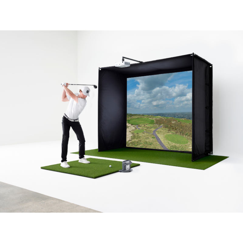 SkyTrak+ Protective Case with simulator and golfer.