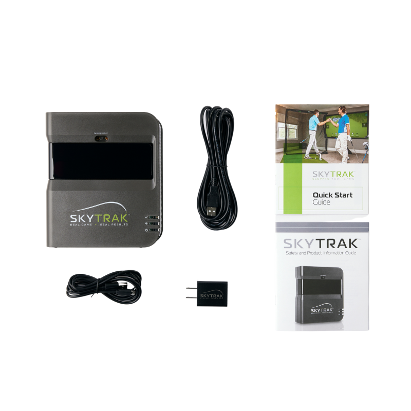 SkyTrak Launch Monitor with USB Cable, USB Splitter Cable, Quick Start Guide, and Product Information Guide.