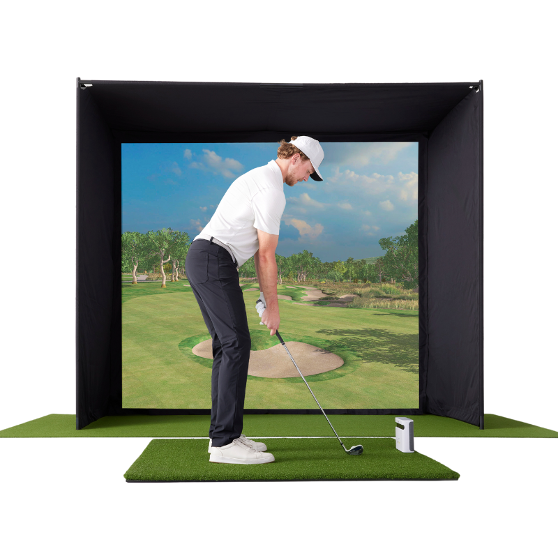 SkyTrak+ Launch Monitor with simulator and golfer.
