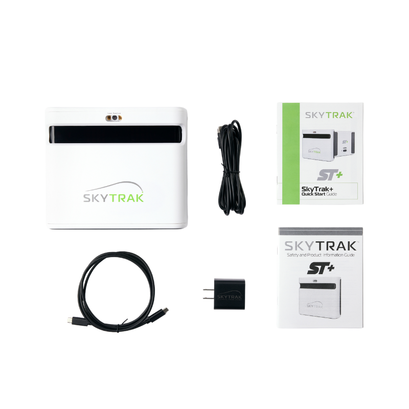 SkyTrak+ Launch Monitor with USB Cable, Splitter Cable, Quick Start Guide, Product Info Guide, and SkyTrak app.