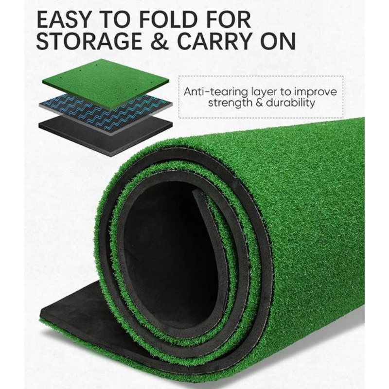 Spornia ProStrike Commercial Golf Mat rolled up with layering infrastructure. 
