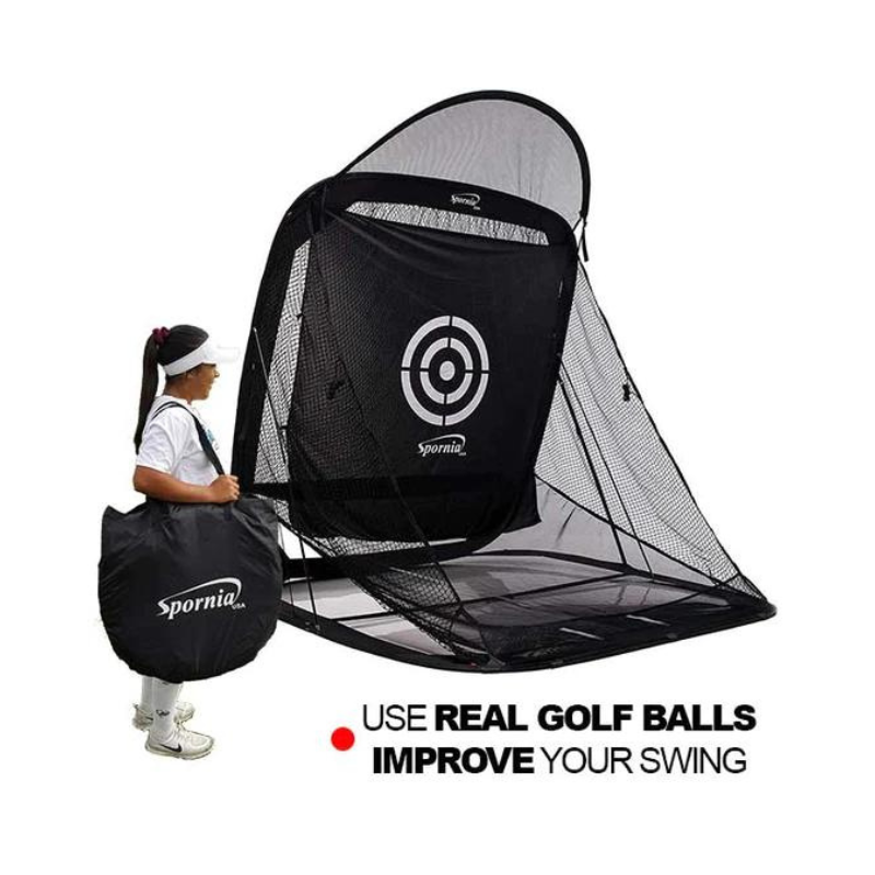 Spornia SPG-7 Golf Practice Net with woman holding carrying case.