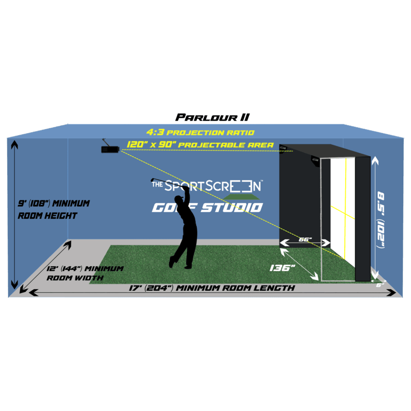 The SportScreen Parlour 11 Golf Simulator Enclosure dimensions.