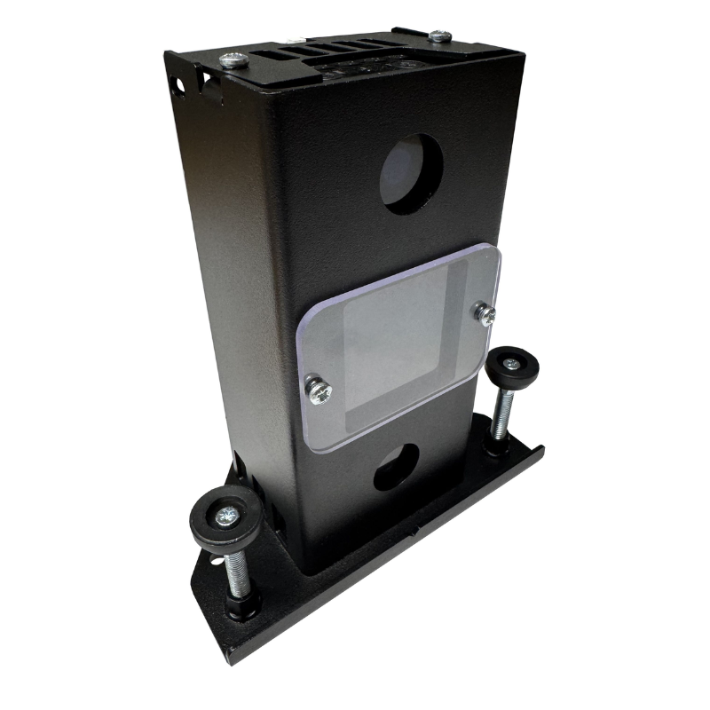 Square Golf Protector angled view black metal frame clear panel.