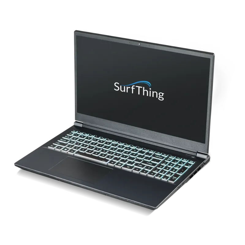 SurfThing M2H Golf Simulator Laptop angled view with logo.