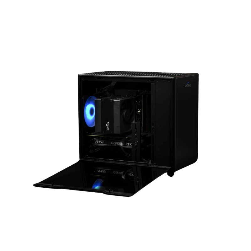SurfThing SG2 4614 Golf Simulator Computer black case angled front view with blue fan.