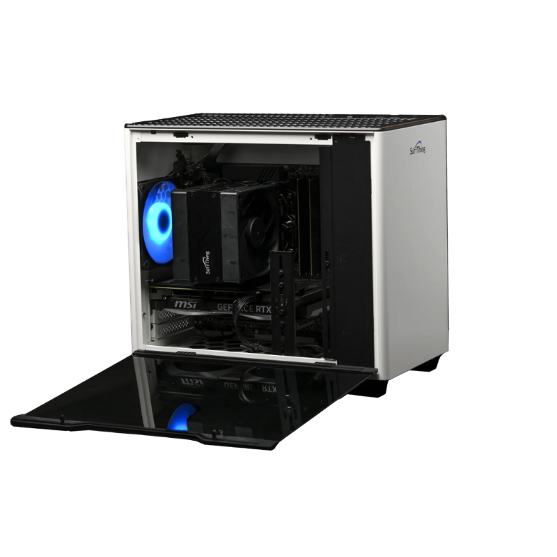 SurfThing SG2 4614 Golf Simulator Computer open case angled front view white case.