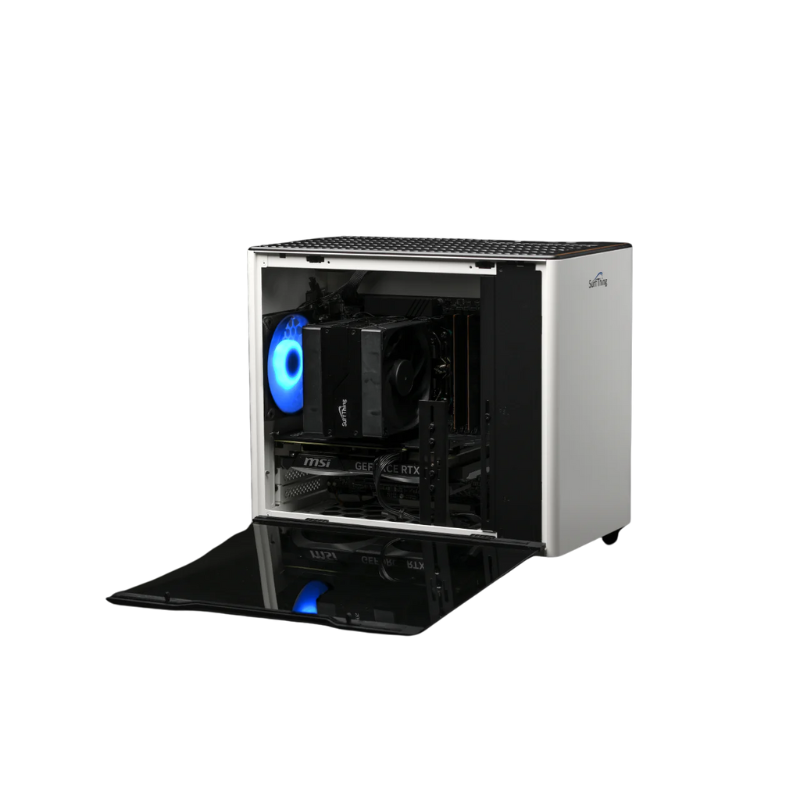 SurfThing SG2 4614 Golf Simulator Computer open side panel front angled view white case.