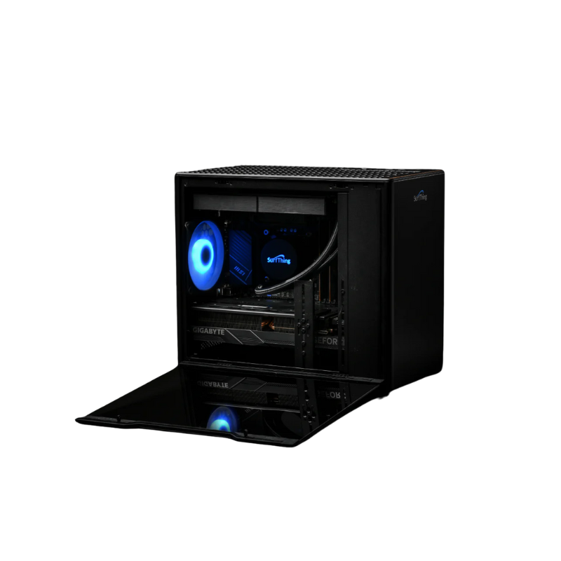 SurfThing SG2 4814 Golf Simulator Computer black case angled front view with blue fan.