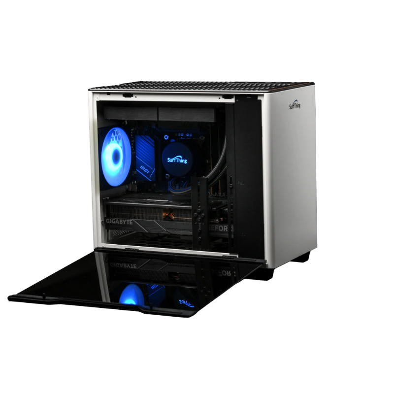 SurfThing SG2 4814 Golf Simulator Computer open case angled front view white case.
