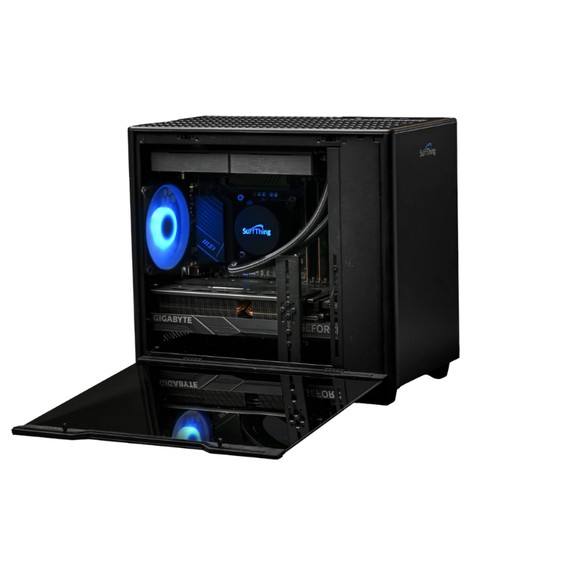 SurfThing SG2 4814 Golf Simulator Computer open side panel front angled view black case.