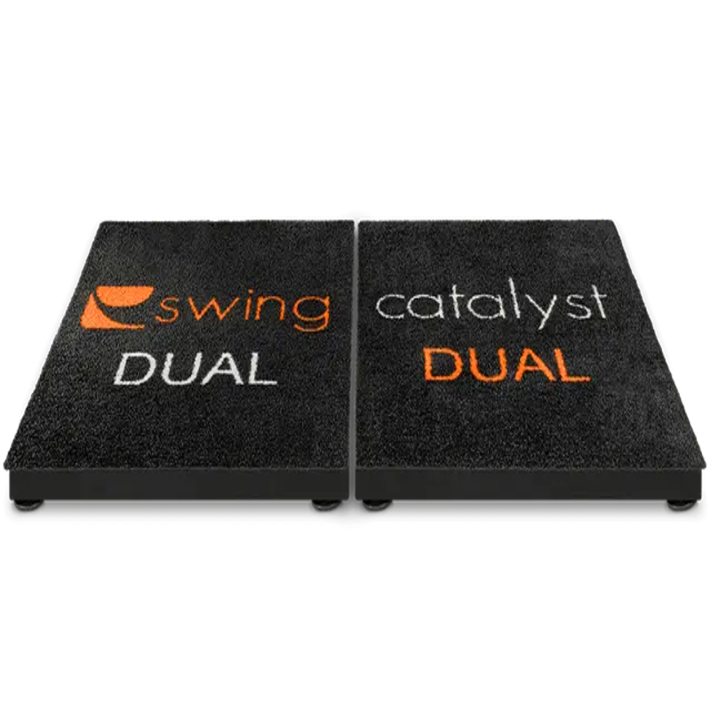 Swing Catalyst Dual Motion Plate with a top view of the black platform featuring orange and white text.