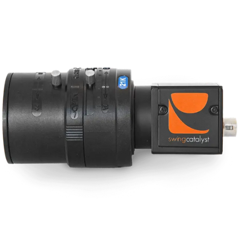Swing Catalyst Fox USB Camera side view black body orange logo lens controls.