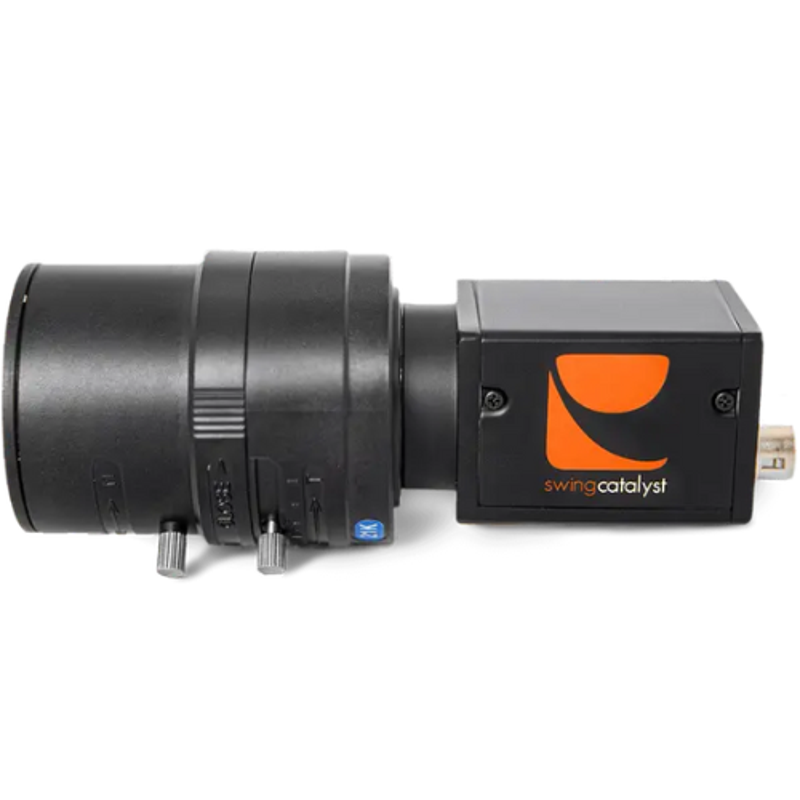 Swing Catalyst Lynx GigE Camera side view black camera body orange logo blue dial.