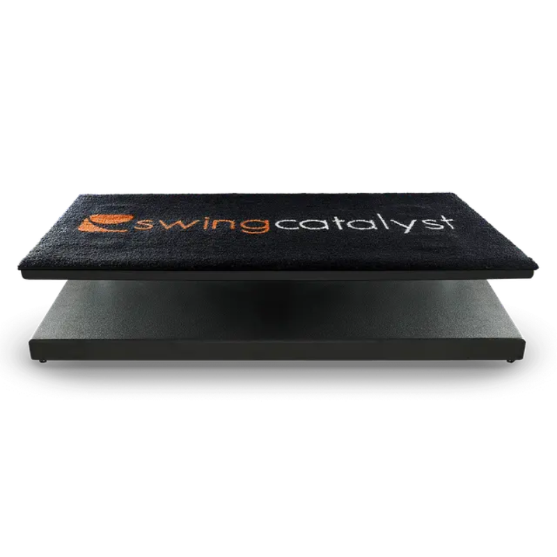 Swing Catalyst Single Motion Plate with front view of black sensor plate and Swing Catalyst logo.