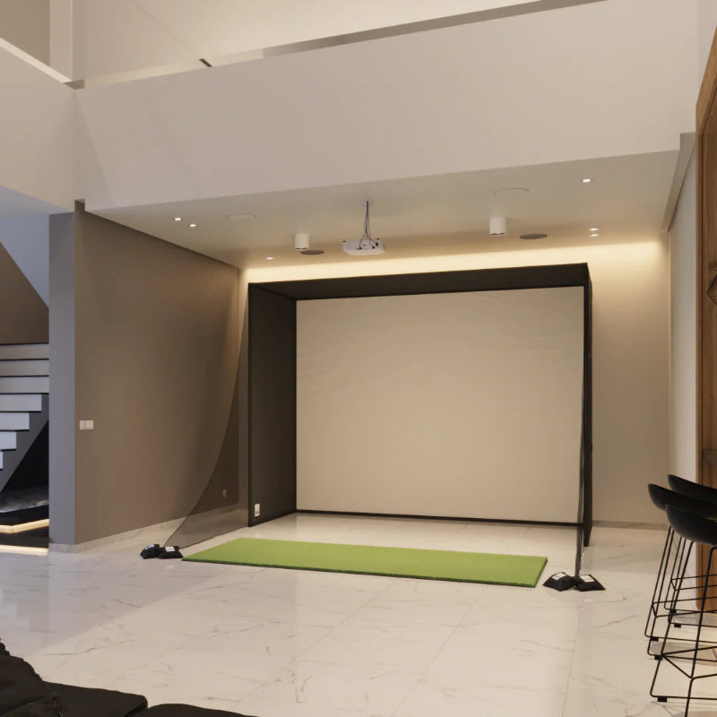 SwingBay Enclosure Golf Simulator Package 4x9 mat right angled view.