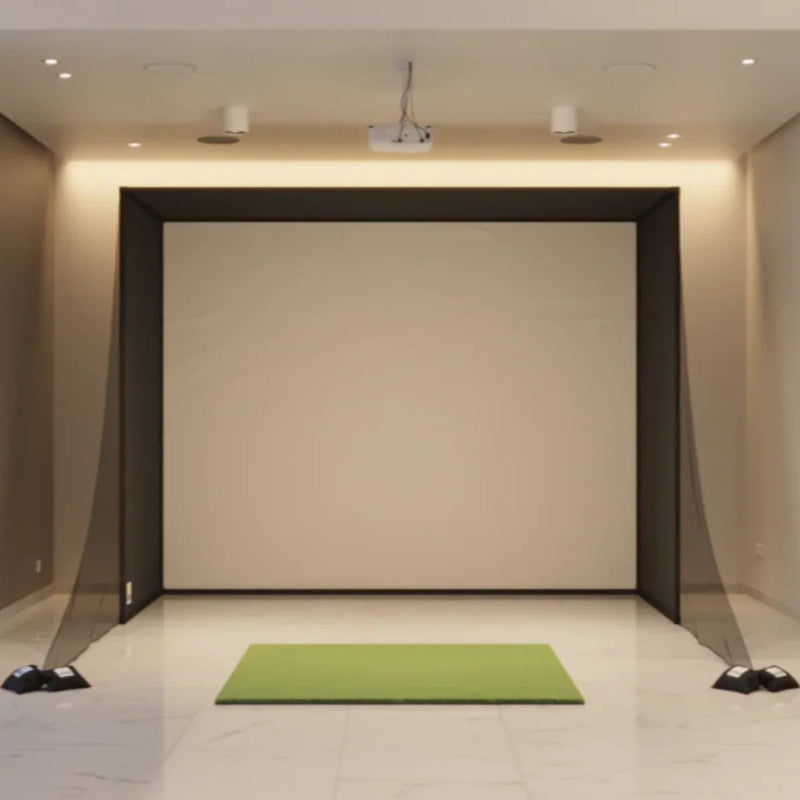 SwingBay Enclosure Golf Simulator Package 5x5 mat front view.