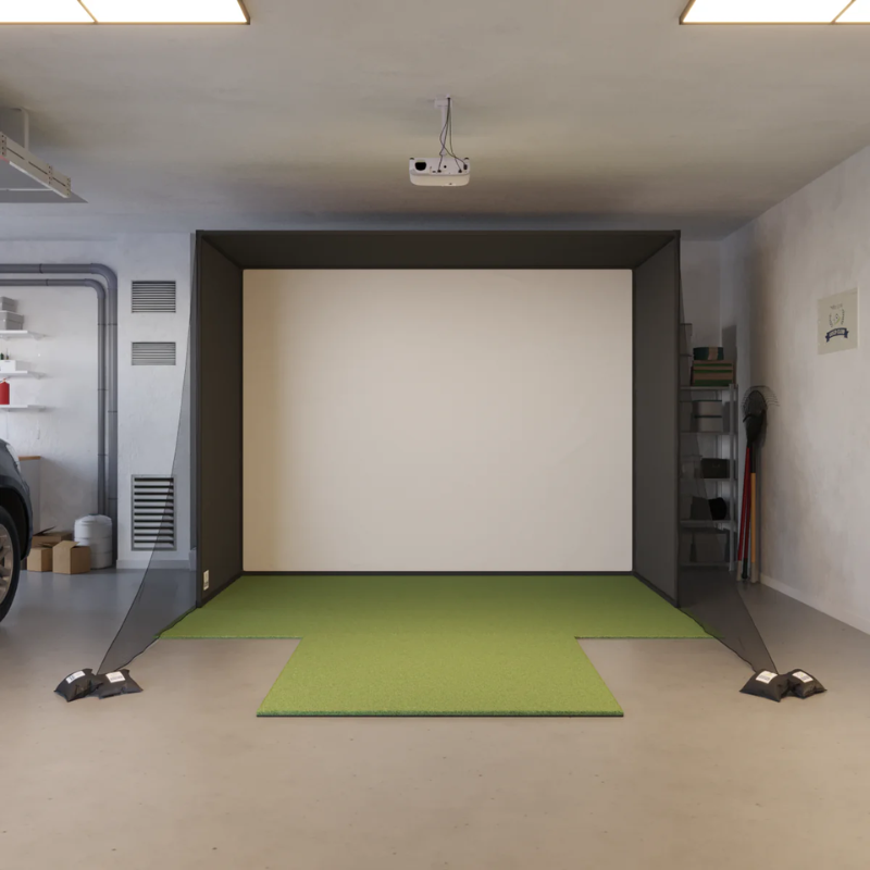 SwingBay Enclosure Golf Simulator Package in garage with SwingTurf 5x5 Hitting Mat.