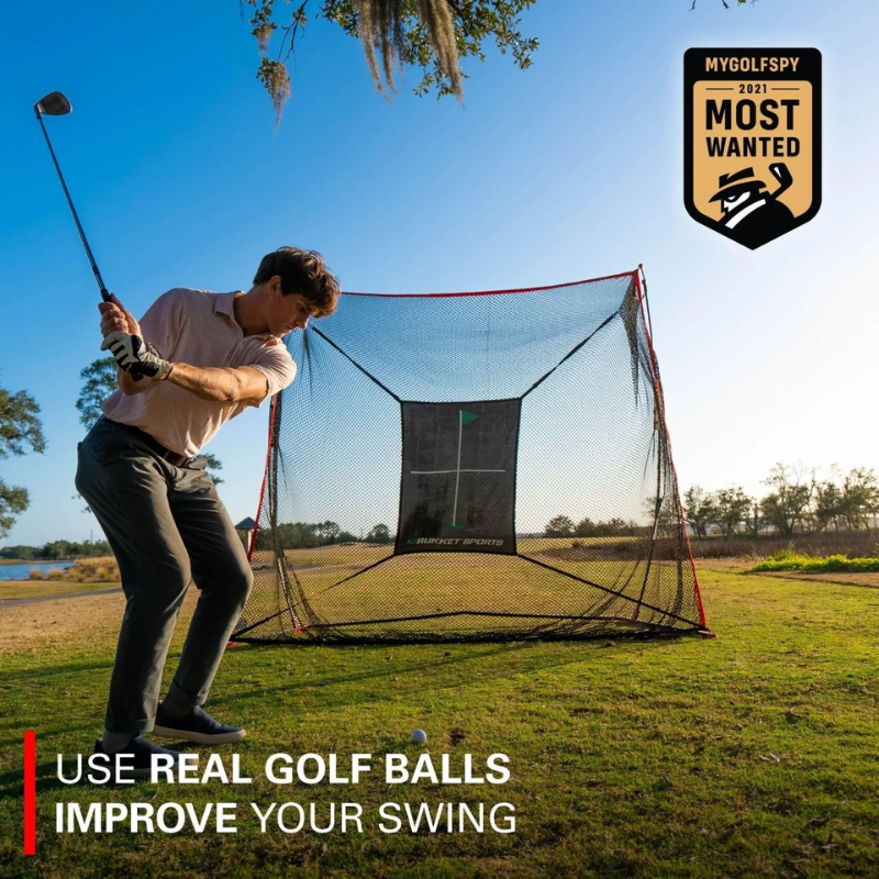 SwingNet Lite Golf Net with MYGOLFSPY badge and golfer.