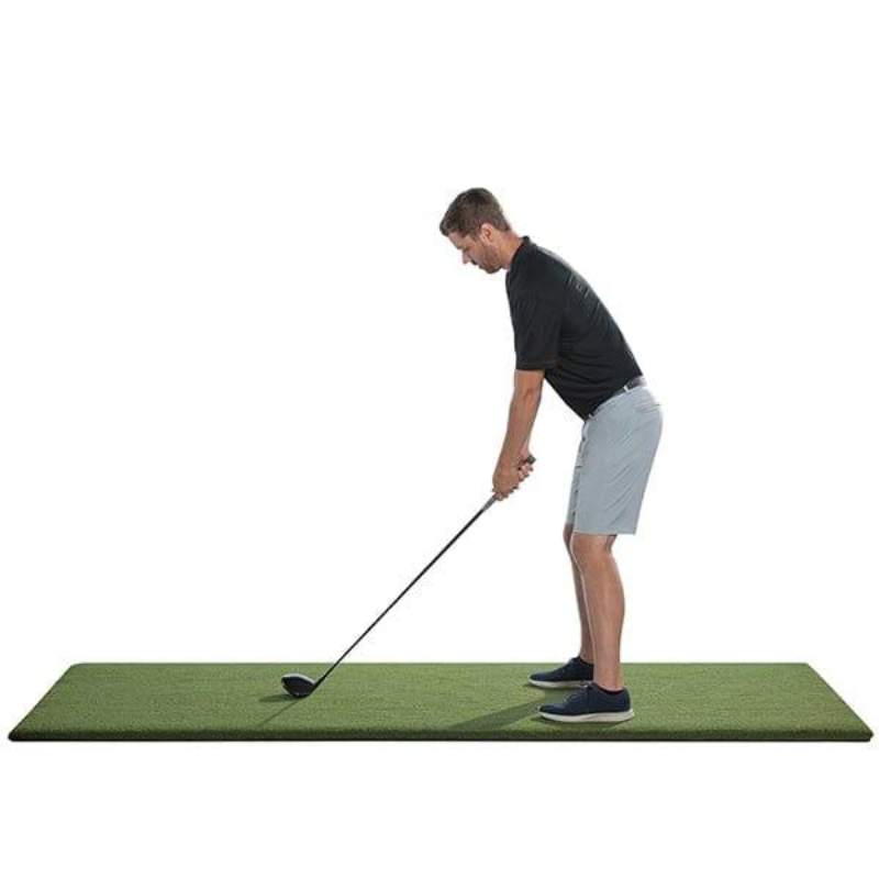 SwingTurf Golf Hitting Mat 4&#39; x 9&#39; with left handed golfer.