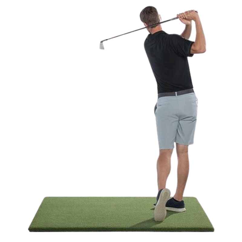 SwingTurf Golf Hitting Mat 5&#39; x 5&#39; with left handed golfer.